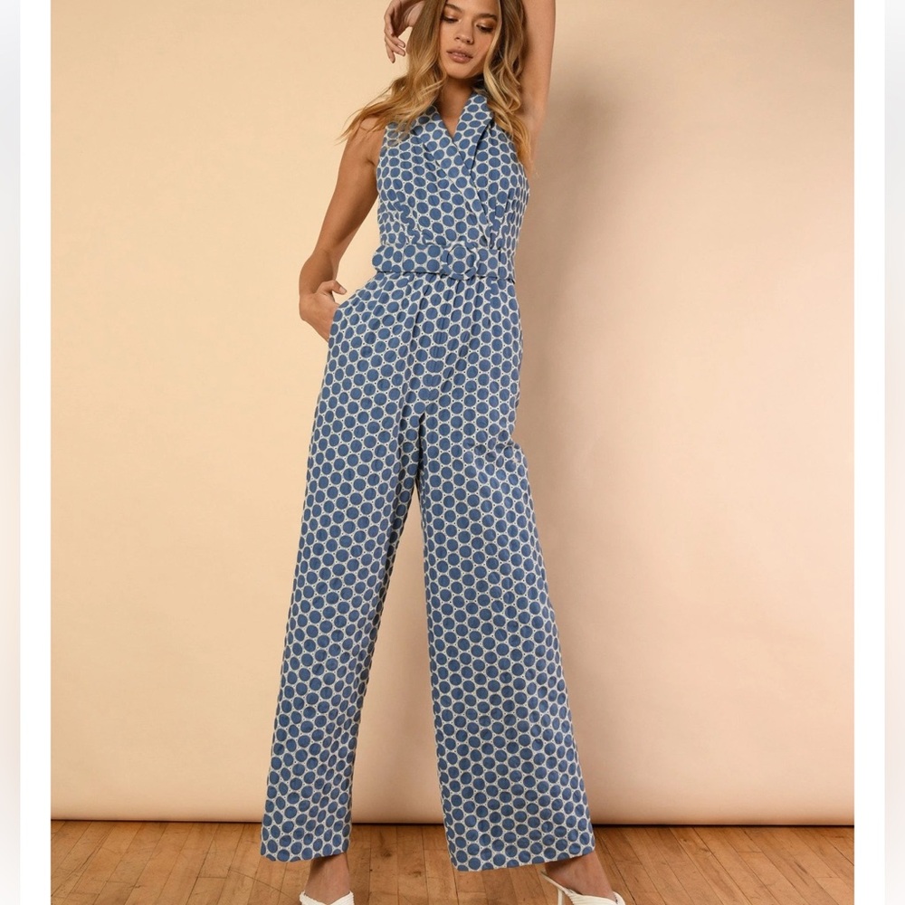 Hutch Bisset Jumpsuit Womens Blue Chambray Polka Dot Wide Leg Retro NEW Size 12
